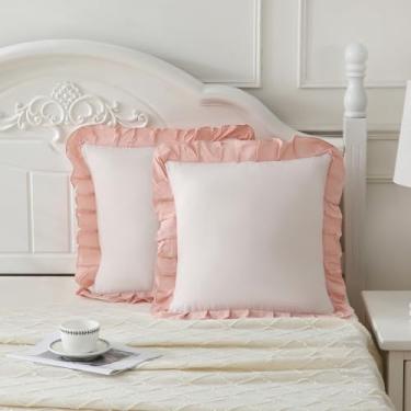 Imagem de Merryword Fronhas reversíveis bege e rosa 45,7 x 45,7 cm, pacote com 2 fronhas decorativas de microfibra macia com babados para sofá, quarto