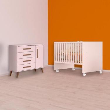 Imagem de Quarto Infantil Berço Reto e Cômoda Sapateira Retrô Rosa - Qmovi