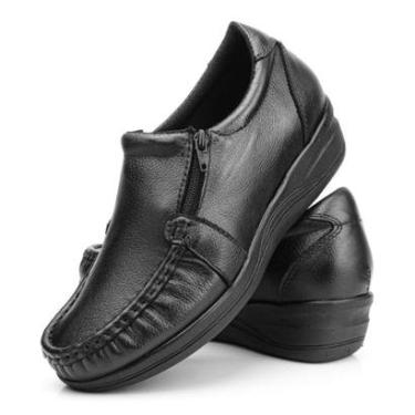 Imagem de Sapato Ortopédico Feminino Anti Stres Mocassim Anabela Conforto Zíper Lateral Em Couro Legítimo-Feminino