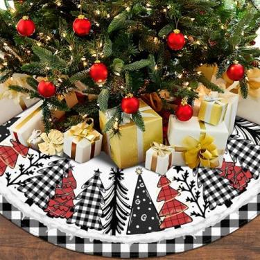Imagem de Saia de árvore de Natal xadrez de búfalo preto e branco, 91 cm, tapete de árvore de Natal de inverno para decoração interna e externa