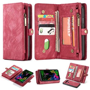 Imagem de Simicoo LG G8 ThinQ Carteira de couro com zíper Destacável Ranhuras para Cartão Capa Flip Alça Magnética Alça de Pulso Capa à Prova de Choque Bolso Carteira Bolsa para LG G8 ThinQ (Vermelho, LG G8