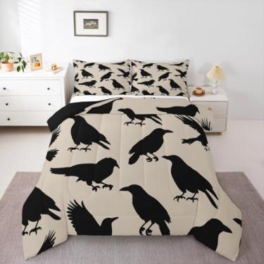 Imagem de Jogo de cama com estampa de corvo preto retrô com estampa de animais selvagens, tamanho casal, edredom com estampa de vida selvagem, 3 peças