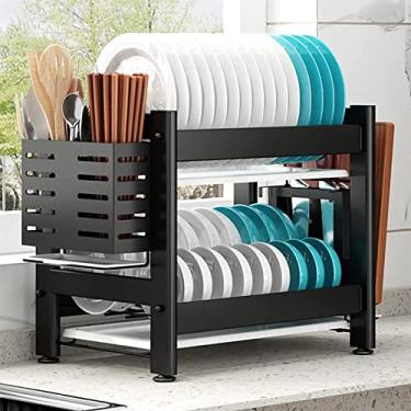 Imagem de CLLBANT Prateleira para pratos, prateleira para secar pratos de cozinha, escorredor de pratos de 2 níveis, prateleira para secar pratos grande, prateleira para drenar pratos/preto