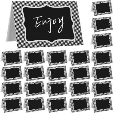Imagem de TaoBary 24 peças de decoração de festa xadrez xadrez preto e branco, 10 x 15 cm, cartão de barraca de Natal, quadro-negro, etiquetas dupla face, para mesa de piquenique, número de comida