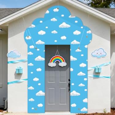 Imagem de 3 peças céu azul nuvens brancas decorações de festa nuvens varanda banner capa de porta da frente faixa para pendurar na parede para arco de gramado garagem fotografia pano de fundo chá de bebê
