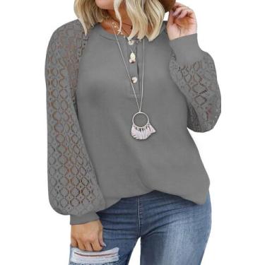 Imagem de Blusa Eytino Plus Size de renda de manga comprida com decote em V para