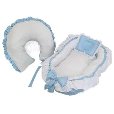 Imagem de Almofada De AmamentaçãO Com Acabamento Com Folhos + Organizador Para BerçO, Quente E Aconchegante(azul/branco,TRADICIONAL)