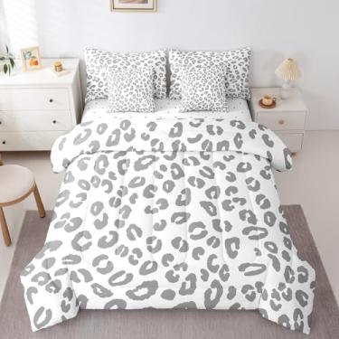 Imagem de jejeloiu Jogo de cama casal com estampa de leopardo cinza, 7 peças, estampa de pele de guepardo africano, para meninos e meninas, adolescentes, para decoração de quarto