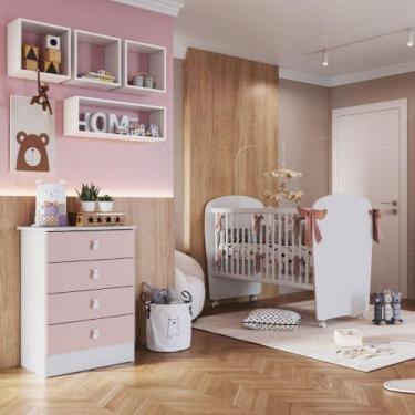 Imagem de Quarto de Bebê Berço e Cômoda 4 Gavetas Tedy Percasa, Branco com Rosa
