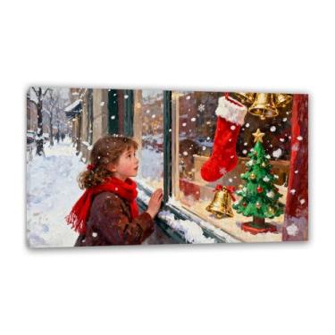 Imagem de Zeichn8u Arte de parede em tela vintage decoração de Natal janela janela menina vermelho inverno pintura de natal sala de estar retro Papai Noel imagem festa de natal casa de campo presentes 50 x 85