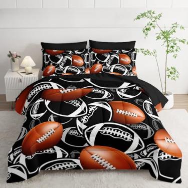 Imagem de XYNHML Conjunto de edredom de rúgbi com desenho animado, 7 peças, marrom, rúgbi, futebol americano, para crianças, adolescentes, meninas, meninos, preto e branco, decoração de cama solteiro com 2