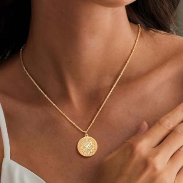 Imagem de Colar feminino com pingente redondo com inicial de ouro delicado banhado a ouro 14 K, simples, minimalista, delicado, feito à mão, joia moderna, Medium, Latão, Sem Pedra Preciosa
