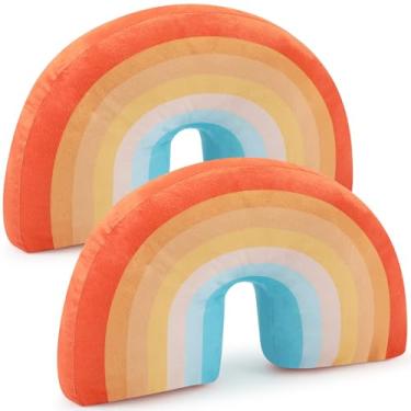 Imagem de Chunful 2 peças de almofada arco-íris para meninas e crianças 35 x 21 x 10 cm de pelúcia fofa arco-íris em forma de arco para decoração de cama, cadeira de quarto, decoração de casa (boêmio neutro)