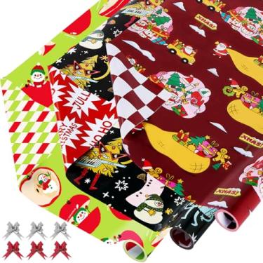 Imagem de EWES Jogo de papel de embrulho de Natal engraçado 3 rolos Papai Noel para crianças, lindos desenhos animados, gnomo grosso, folhas de embrulho para presente, exclusivo, reversível, divertido, total de