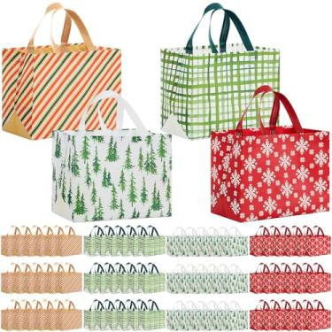 Imagem de Sanwuta 72 unidades de sacos de presente de Natal grandes sacos de petisco com alças vermelho verde listrado floco de neve pinheiro reutilizável não tecido bolso para presentes de Natal lembrancinhas