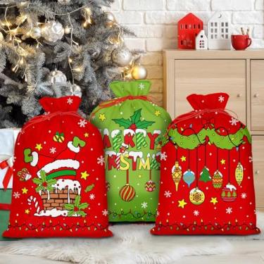 Imagem de Culudea 3 peças grandes sacos de presente de Natal com cordão, 40,6 x 50,8 cm, lona de desenho animado vermelho e verde, bolsa de presente de Natal grande, reutilizável de serapilheira, sacos de