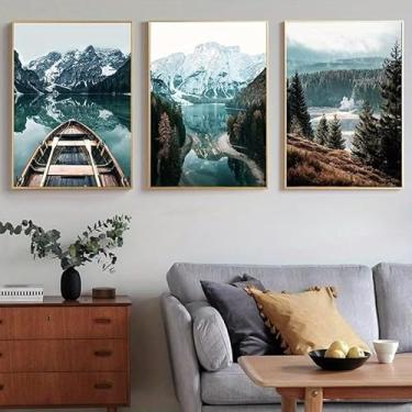 Imagem de 3 peças de cena de barco a remo no lago da montanha 30,5 x 40,6 cm presente de arte de parede para casa moderna, escritório, sala de estar, decoração de quarto, pôster em tela sem moldura, presente de