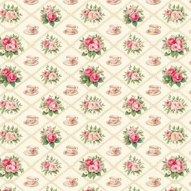 Imagem de Tecido Tricoline Xícaras e Flores - Coleção Handmade - Peripan - 50 x 