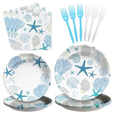 Imagem de 96 peças de decorações de festa de praia costeira azul estrela do mar conjuntos de pratos e guardanapos coral oceano náutico decorações de festa de aniversário para verão praia chá de bebê suprimentos