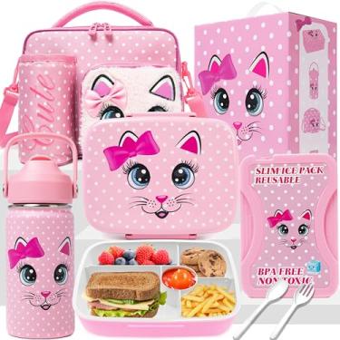 Imagem de Marmita Infantil Caixa de Refeição Conjunto com Divisórias Lunch Box Infantil Almoceiro Infantil Vedação Hermética Conjunto de gatinho rosa