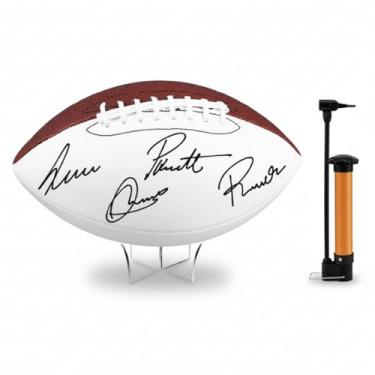 Imagem de Hiboom Autógrafo dourado com suporte de exibição de acrílico bomba de ar futebol em branco para aniversário de troféu, ensino médio, treinador, presente, festa de campeonato (1 peça, branco, marrom