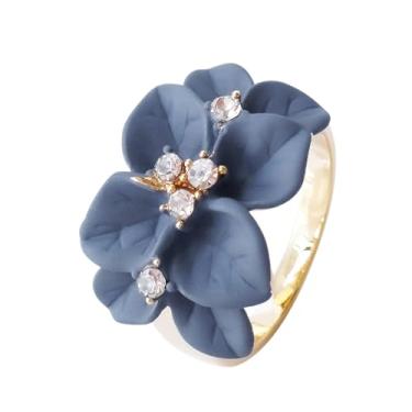 Imagem de Navachi Anel de flor de folhas de esmalte de cristal transparente banhado a ouro 18 k, 7, Zinco Esmalte, Cristal