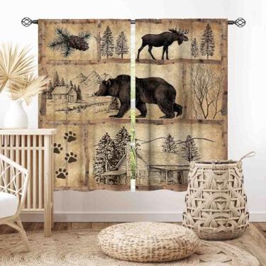 Imagem de Cortinas rústicas para alojamento, casa de fazenda, retrô, urso, veado, alce, alce, caça, animais selvagens, cabana, campo, vintage, blecaute, janela, tratamentos para quarto, sala de estar, cozinha