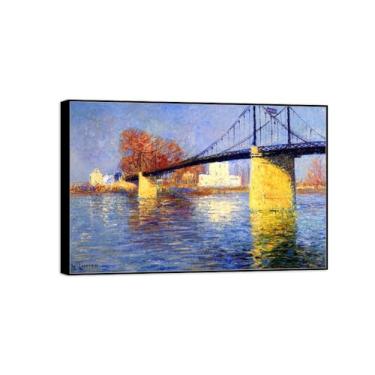 Imagem de BMZFYBS Imagem de arte de parede de paisagem - impressões em tela vintage - ponte no rio - pintura com moldura preta para sala de estar decoração de casa de fazenda 60 x 90 cm 24 x 35 pol