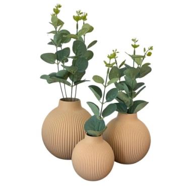 Imagem de Flores Artificiais Com Vaso Triplo Decorativo Toque Realista Arranjo Moderno Para Decoracao Residencial (Vaso Areia/Folha Verde)