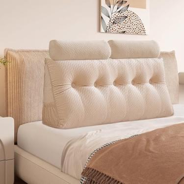 Imagem de Almofada triangular de veludo, almofada de cabeceira com capa removível para sofá-cama, suporte para posicionamento do encosto, almofada de descanso e leitura relaxante (bege com almofada de rolo