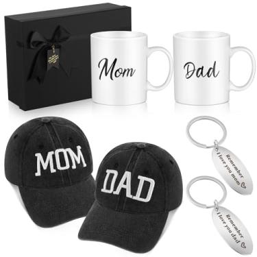 Imagem de Blushtier Conjunto de presente de Natal para pais de crianças novos presentes de mamãe e papai caneca de boné de beisebol, lembre-se de eu te amo chaveiros para mães pela primeira vez, esperando que