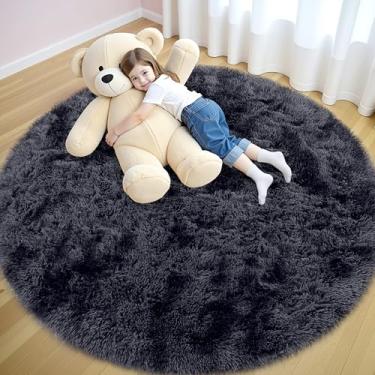 Imagem de OLANLY Tapetes redondos tie-dye cinza escuro para quarto – Lavável na máquina, tapetes circulares de 1,5 x 1,8 m para sala de estar, tapete felpudo macio e fofo para meninas e meninos, dormitórios