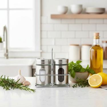 Imagem de Kit Porta Temperos 2 Potes Inox com Suporte Saleiro Pimenteiro - Hausk