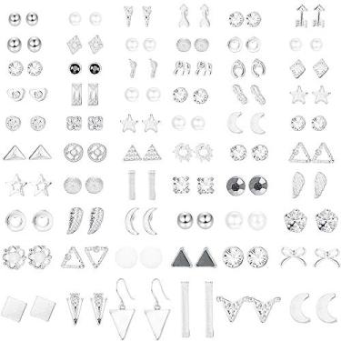 Imagem de ORAZIO Conjunto de 60 pares de brincos para mulheres e homens triangulares quadrados, barra de círculo, lua estrela, folha geométrica, arco de flecha, bola de zircônia cúbica, pérolas sintéticas