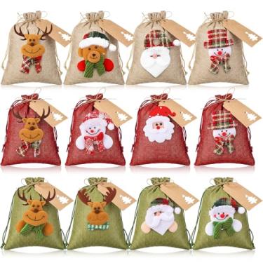 Imagem de Wesnoy Conjunto de 24 sacos de presente de serapilheira de Natal com cordão, 15 x 20 cm, pequenos sacos de guloseimas de Natal com etiquetas, boneco de neve, rena, papai noel, para festa de inverno