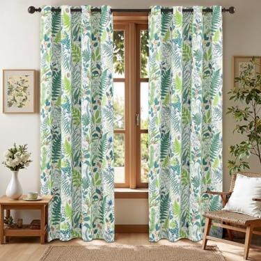 Imagem de keensoft Cortinas blackout botânicas 100% para quarto 213 cm de comprimento, conjunto com 2 painéis, branco, verde, planta, floral, preto, cortinas isoladas com ilhós, escurecimento de quarto