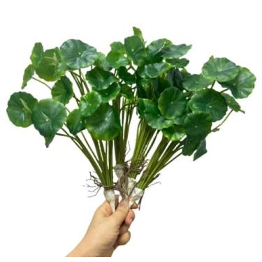 Imagem de Corkwaw Mini folhas de lótus artificiais, planta de dinheiro chinesa falsa de 36,8 cm com 18 hastes flexíveis (4 cachos), vegetação realista sem manutenção para decoração de festa e casamento em
