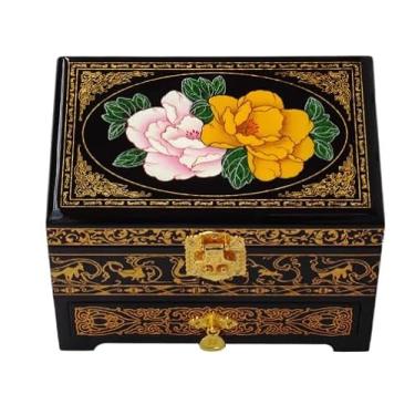 Imagem de Only My Live Home Caixa de joias pintada à mão com trava de gavetas, espelho, armazenamento de joias de madeira estilo chinês de 3 camadas com antiguidade, presente de casamento (preto (peônia cai), C