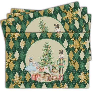 Imagem de Conjunto de 4 tapetes de mesa de Natal, jogo americano xadrez xadrez de diamante verde, 30 x 45 cm, tapetes de mesa festivos para festa, cozinha, decoração de jantar, ideia de presente de Natal para