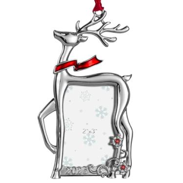Imagem de Enfeites de árvore de Natal para casa camedo veado 5 x 7,6 cm, enfeite decorativo para pendurar no Natal com fita vermelha (prata (2025))