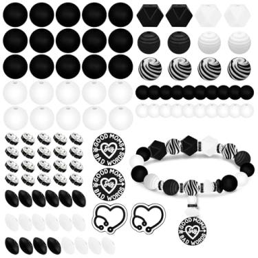 Imagem de Kit de contas de silicone preto e branco 102 peças para chaveiro e fabricação de joias – Formas mistas redondas, coração, lentilha, hexágono e espaçador de strass – Contas macias seguras para canetas