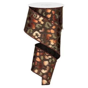 Imagem de Fita com fio de estampa de leopardo com glitter e manchas metálicas para árvores de Natal temáticas de guepardo, grinaldas, presentes, artesanato, laços (marrom escuro, cobre, ouro, 6,3 cm x 10 jardas