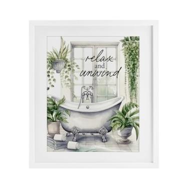 Imagem de Stupell Industries Relax Unwind Bath & Folhagem Impressão emoldurada cinza sob vidro, design por Lettered and Lined, 21 x 17