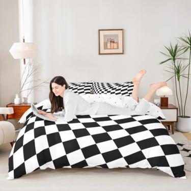 Imagem de Manfei Conjunto de capa de edredom quadriculado preto e branco, tamanho solteiro, conjunto de cama de malha quadrada de diamante reversível, 2 peças, decoração de quarto de crianças, meninos e meninas