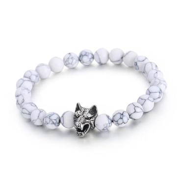 Imagem de RGEMCY Pulseira masculina de olho de tigre de 8 mm com detalhes em pedra relâmpago, com pingente de cabeça de lobo de aço inoxidável, pulseira elástica estilo viking, 8.27Inches, Turmalina Olho de