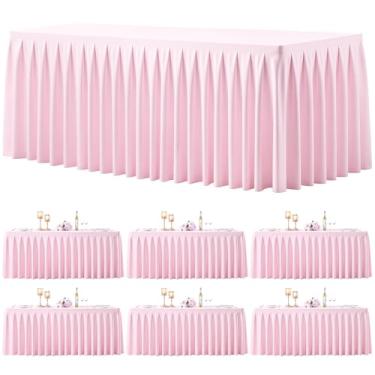 Imagem de Pacote com 6 toalhas de mesa retangulares rosa, 2,5 m, elástico, elastano para mesas retangulares de 2,3 m, toalhas de mesa de banquete, sem rugas, saia com babados, toalha de mesa para festa