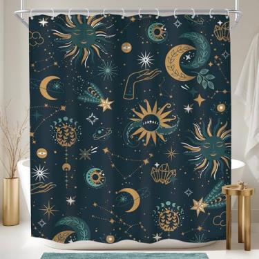 Imagem de Imirell Abatract Cortina de chuveiro azul gótica 152 cm L x 182 cm A fase da lua mística bruxa celestial sol estrelado estrelas góticas zodíaco constelação meteoro tecido poliéster impermeável com