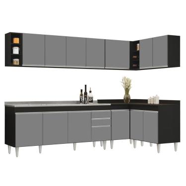 Imagem de Armário De Cozinha Modulado De Canto 7 Peças Cp36 Com Pia Inox Preto-cinza - Lumil