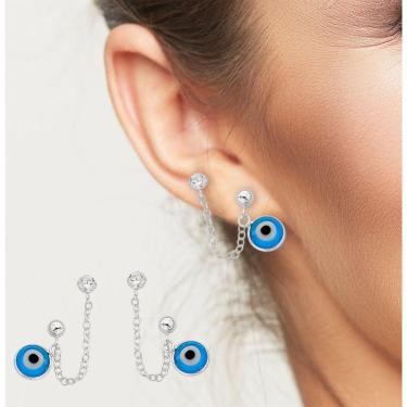 Imagem de Brinco Duplo Com Olho Grego, Ponto De Luz E Corrente Prata 925