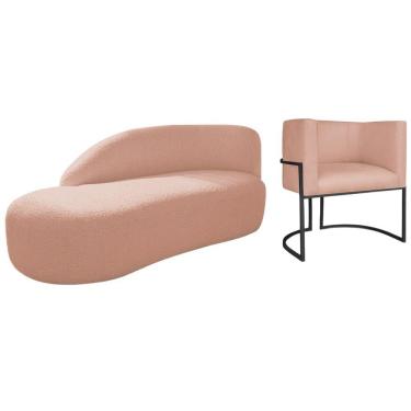 Imagem de Kit Divã Luna 185cm Lado Esquerdo E 01 Poltrona Base De Ferro Preto Suede Rosê